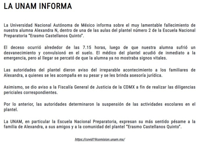 La UNAM compartió el comunicado de lo ocurrido con la joven. 