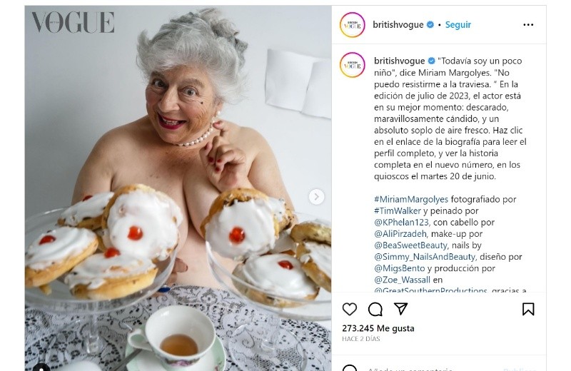 Miriam Margolyes posó desnuda para la revista. Instagram Vogue British. 