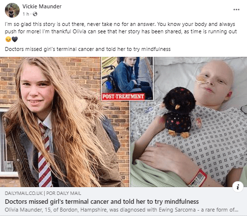 Olivia Maunder recibió el diagnóstico tardío de sarcoma de Ewing. Foto: Captura Facebook 