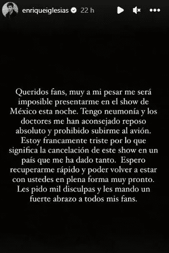Enrique Iglesias mantiene a su fans mexicanos muy preocupados, luego de reportarse con un estado de salud delicado. 